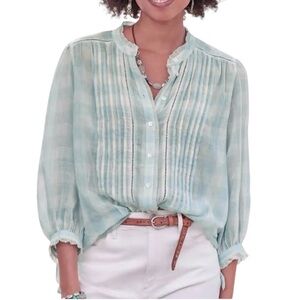 Sundance Blue Gingham Sheer Blouse Cotton Pintuck Pleat Cottage Feminine XXL 2X